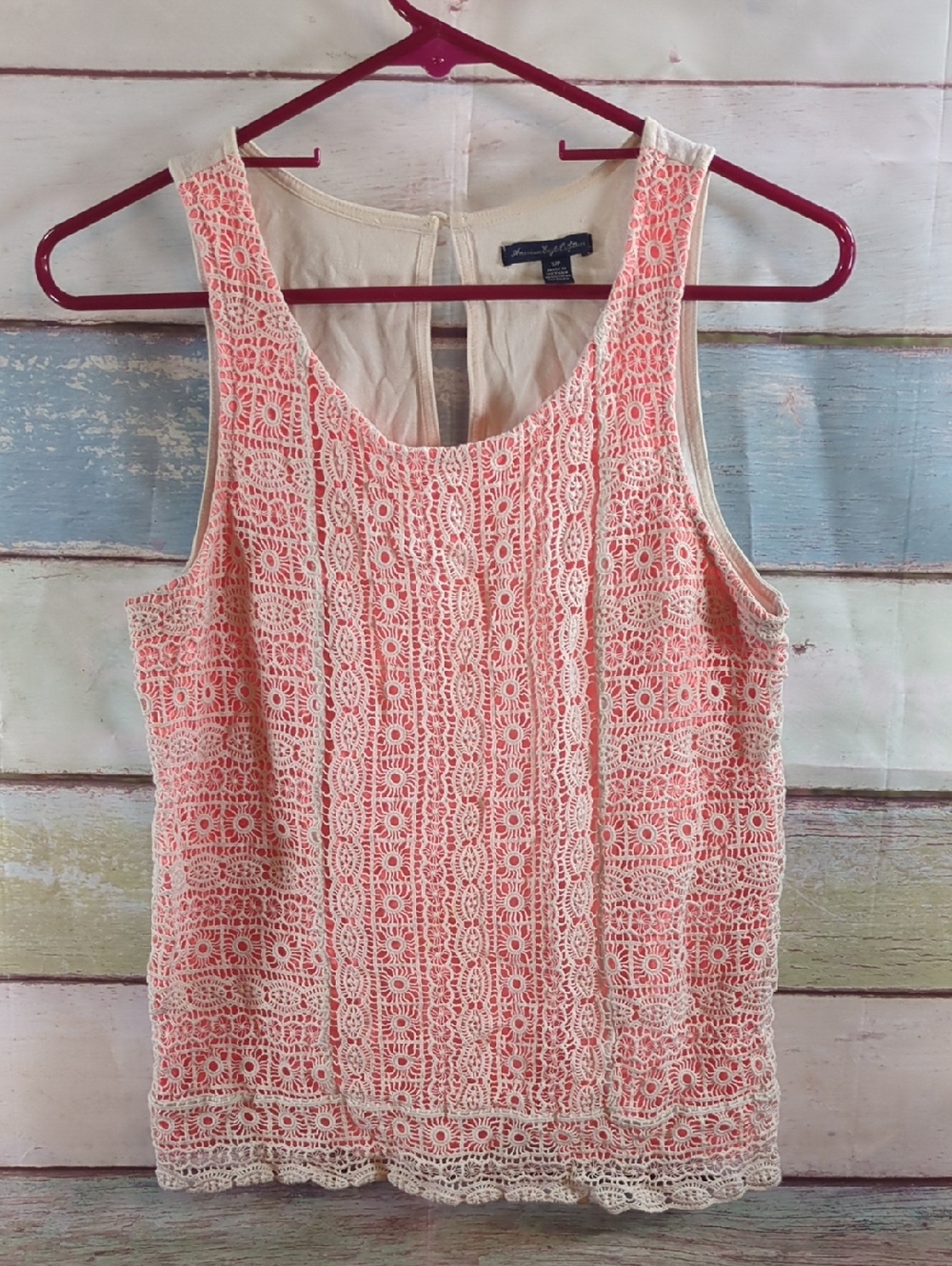 American Eagle Outfitters Coral and Cream Crochet Overlay Tank Top